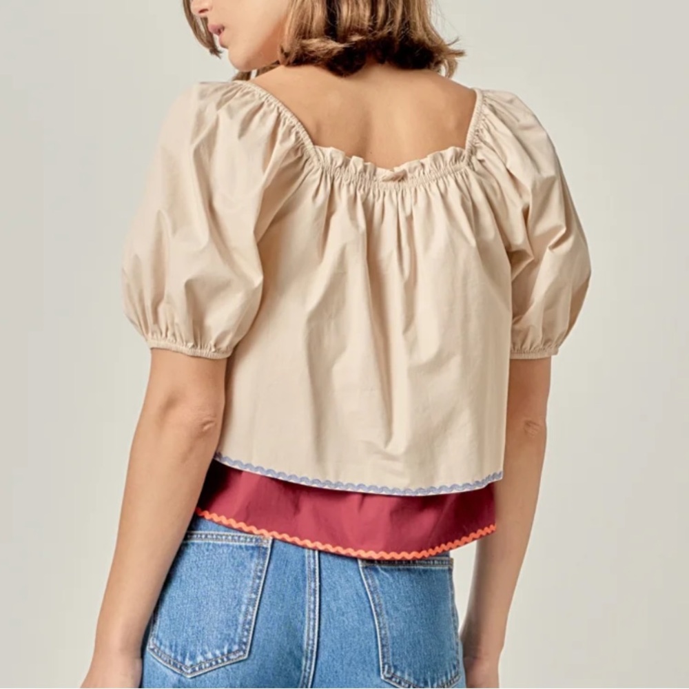 English Factory Colorblock Rickrack Trim Puff Sleeve Top SZ M NWT - Picture 2 of 6